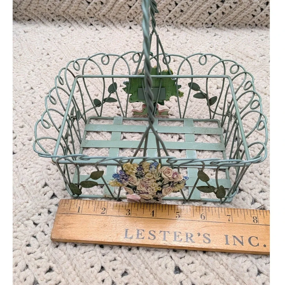 Vintage Sage Green Wire Basket Flower Bouquet Accents Twisted Bow Handle 7x5